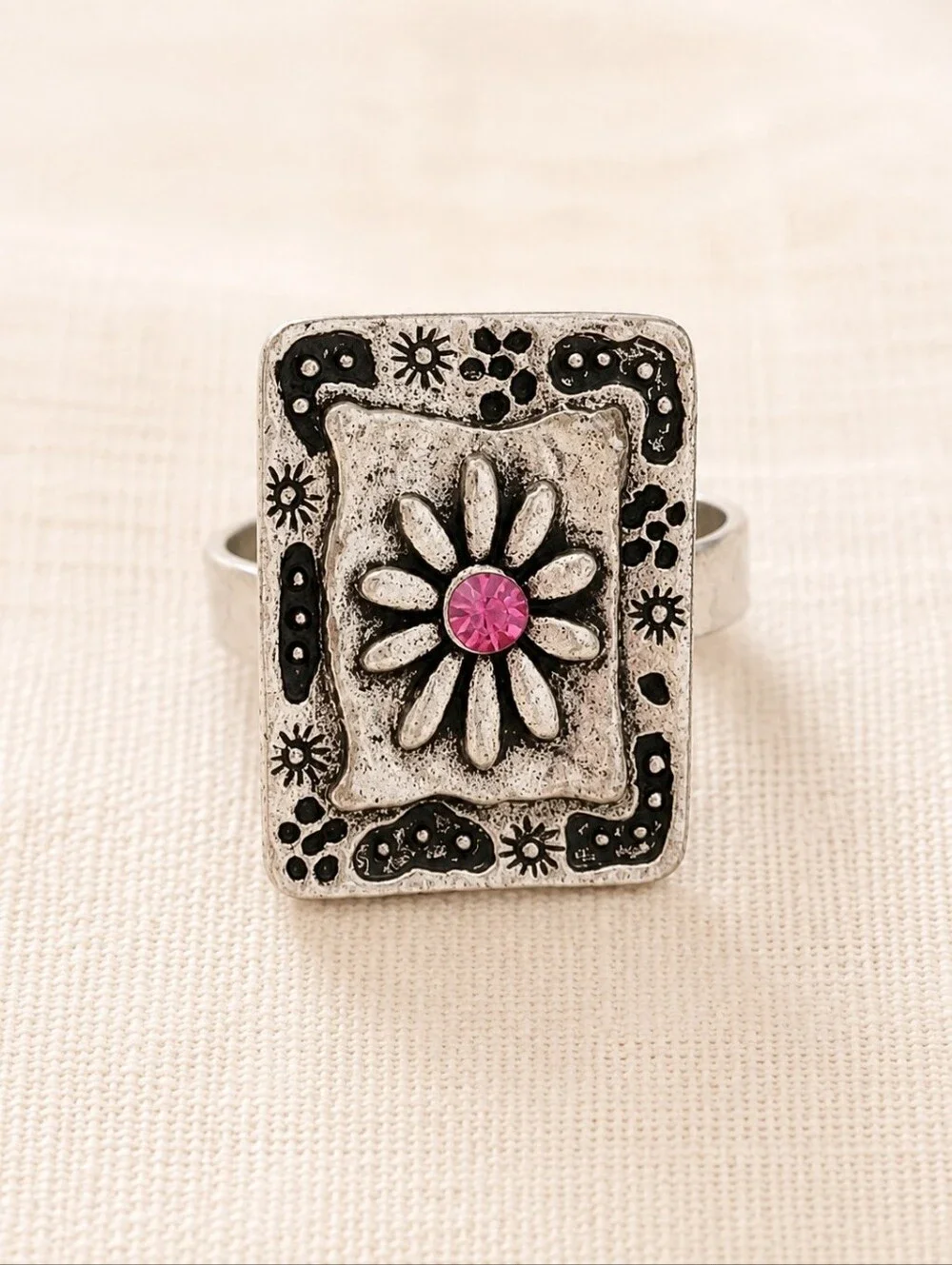 Vintage Daisy Pink Rhinestone Adjustable Ring Silver Tone Floral Statement